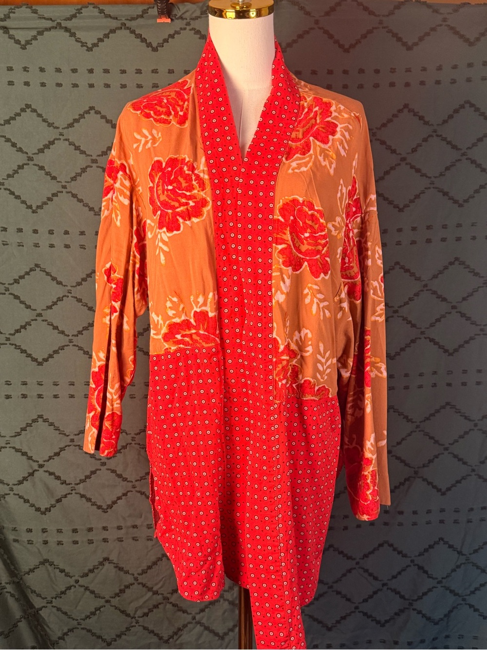 Free People Red & Peach Floral Kimono Robe